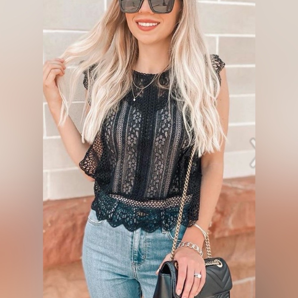 Black Lace Sleeveless Boho Top Sheer Crochet Size Medium